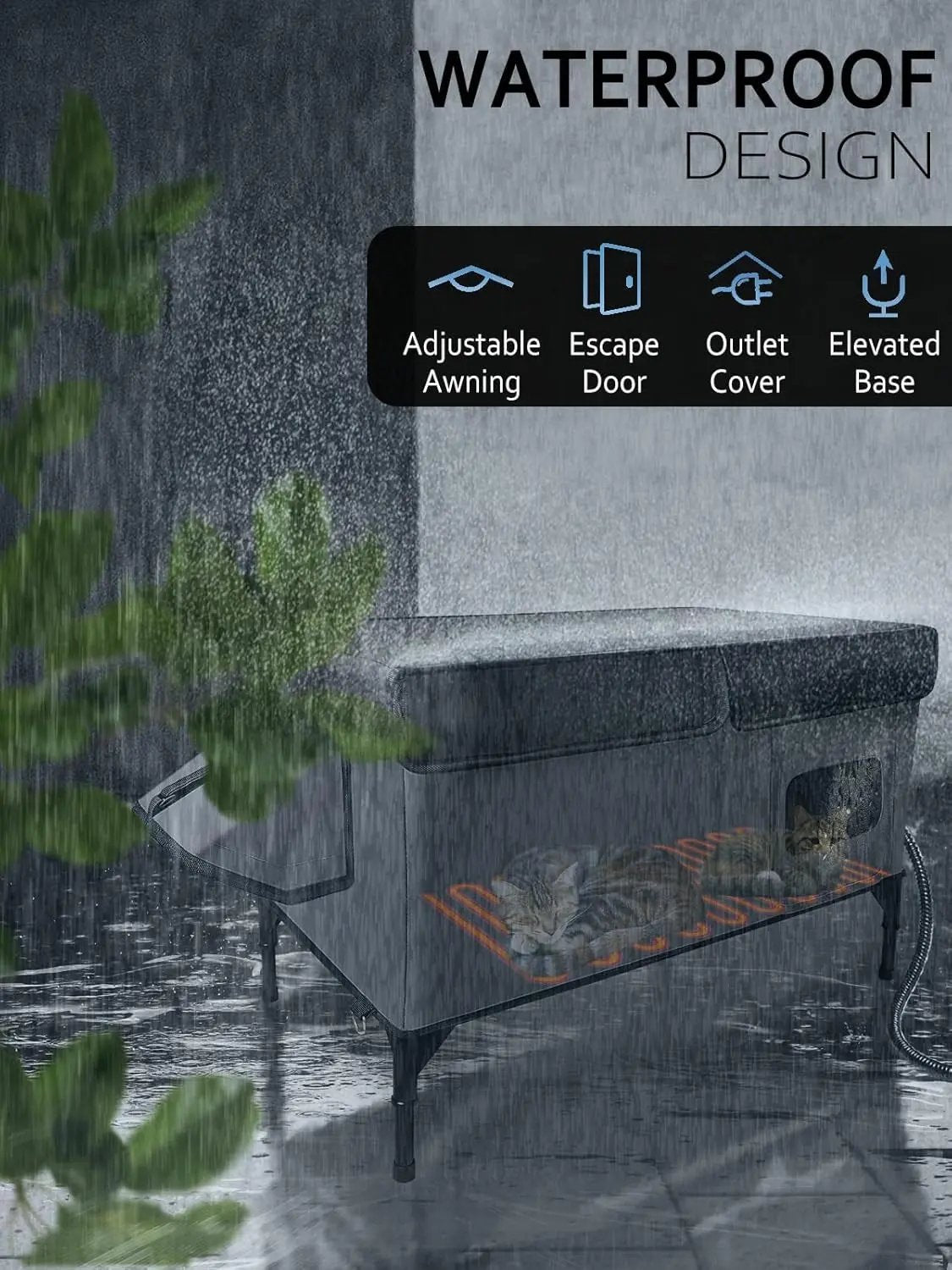 Outdoor Heated Cat House, Waterproof Insulated Shelter with Escape Door (Large)