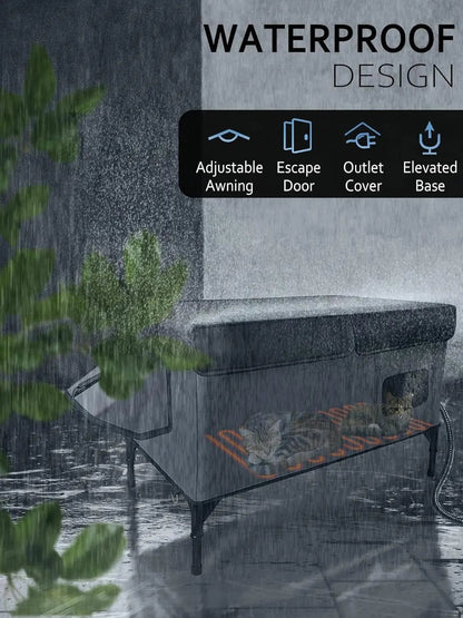 Outdoor Heated Cat House, Waterproof Insulated Shelter with Escape Door (Large)