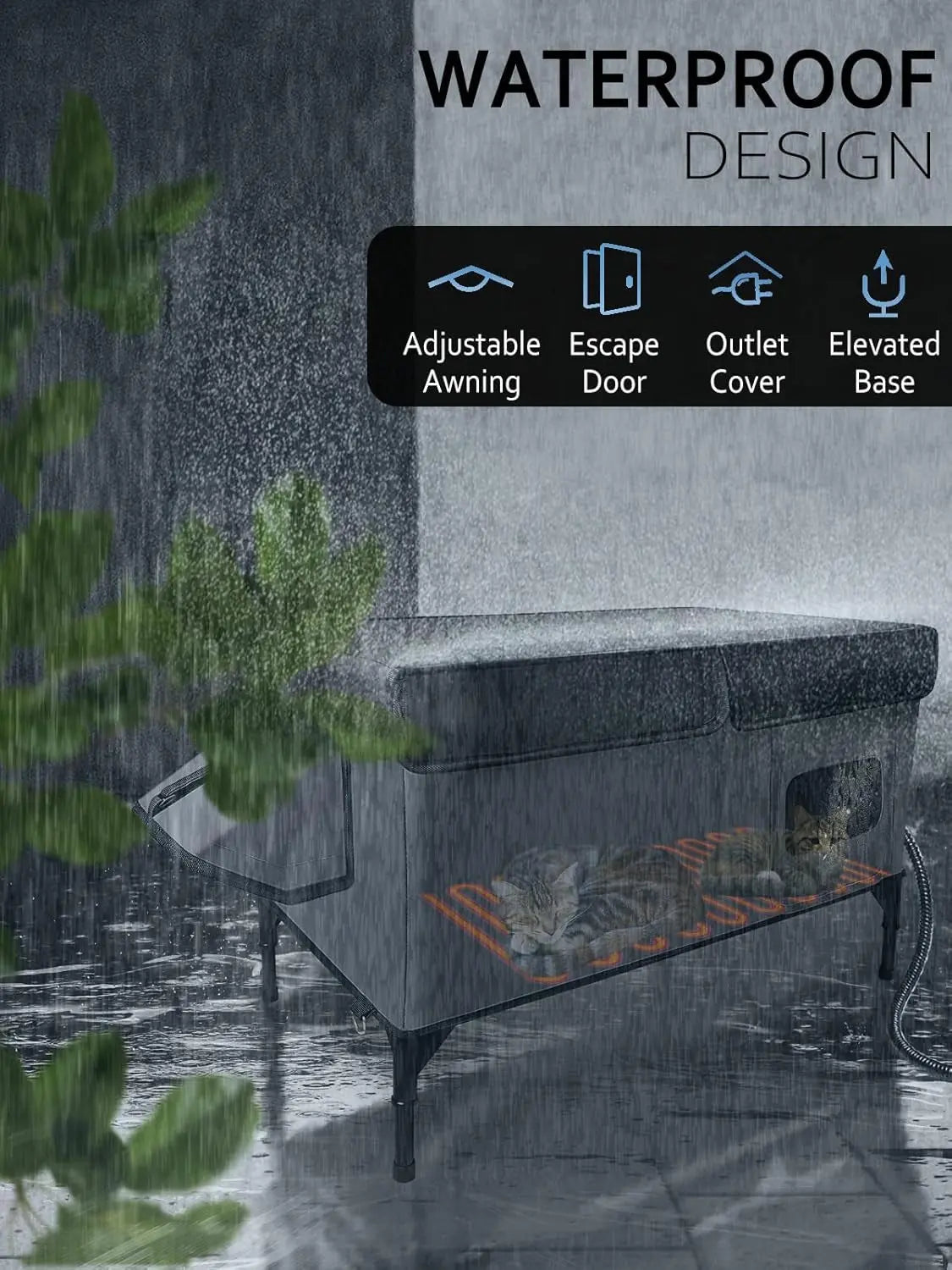 Outdoor Heated Cat House, Waterproof Insulated Shelter with Escape Door (Large)