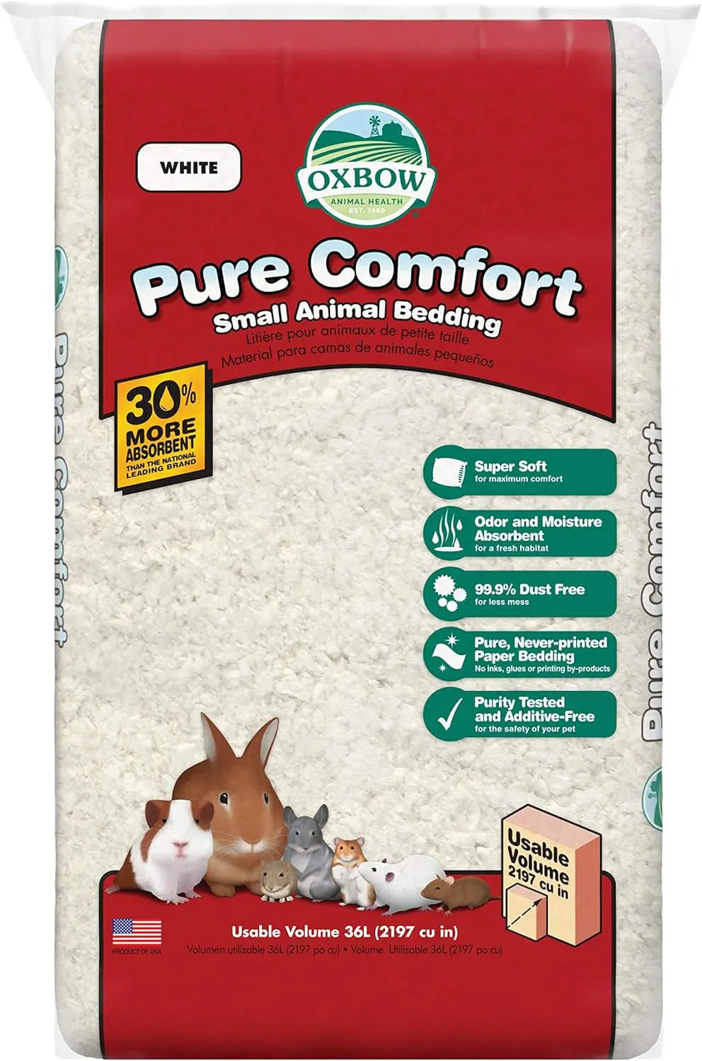 Oxbow Pure Comfort Small Animal Bedding, 99.9% Dust-Free Natural Paper White 36 Liter