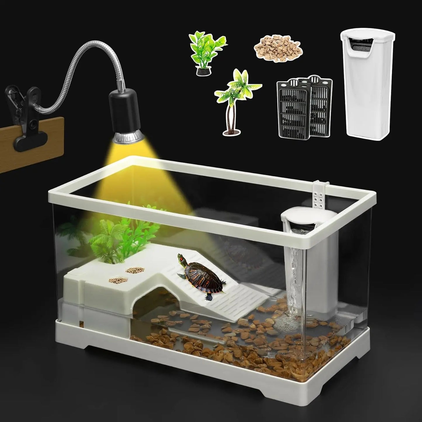 PC Turtle Tank Kit – Starter Aquarium w/ Filter, Lamp, Plants & Platform Set S(11.8*7.3*7.1Inch)