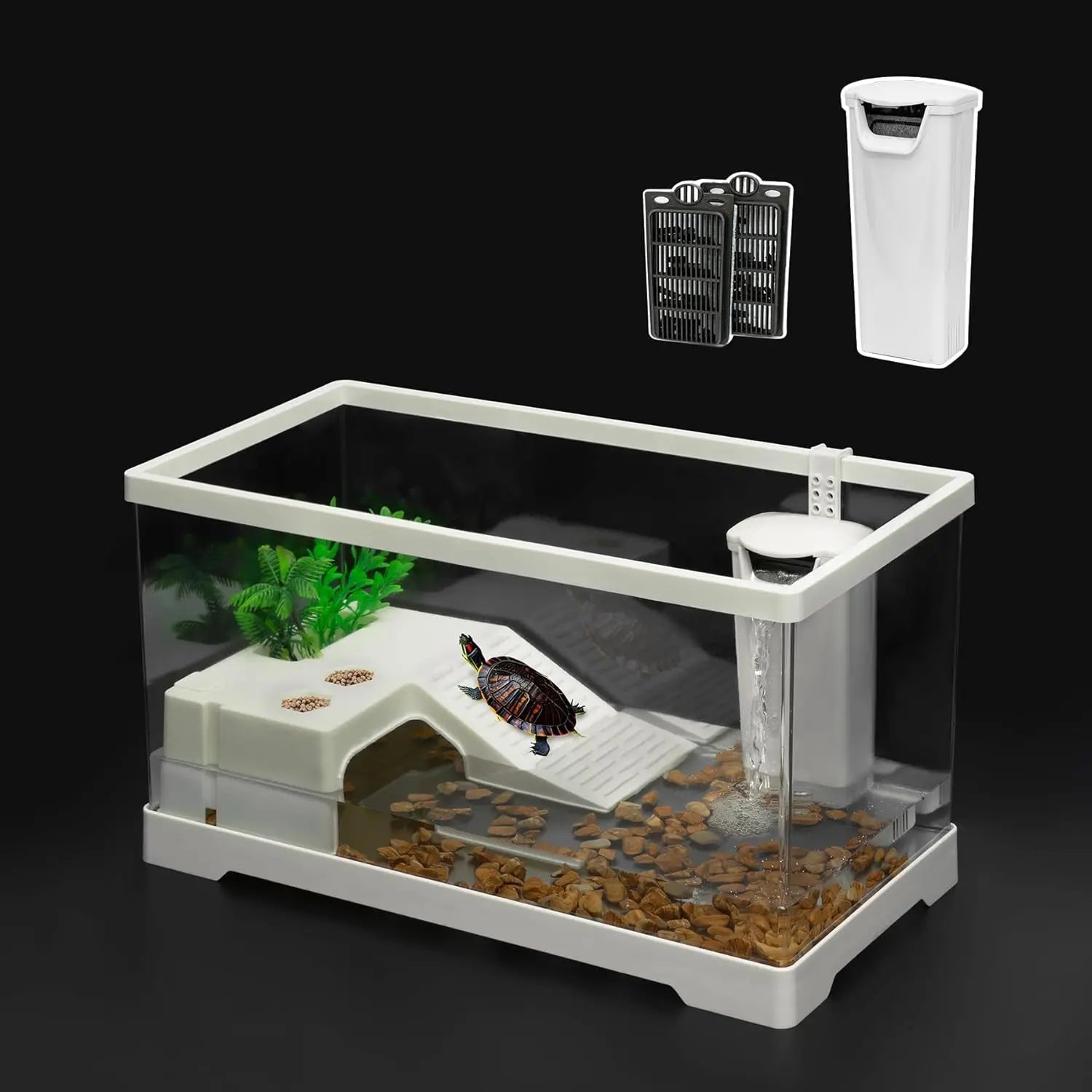 PC Turtle Tank Kit – Starter Aquarium w/ Filter, Lamp, Plants & Platform Single+Filter S(11.8*7.3*7.1Inch)