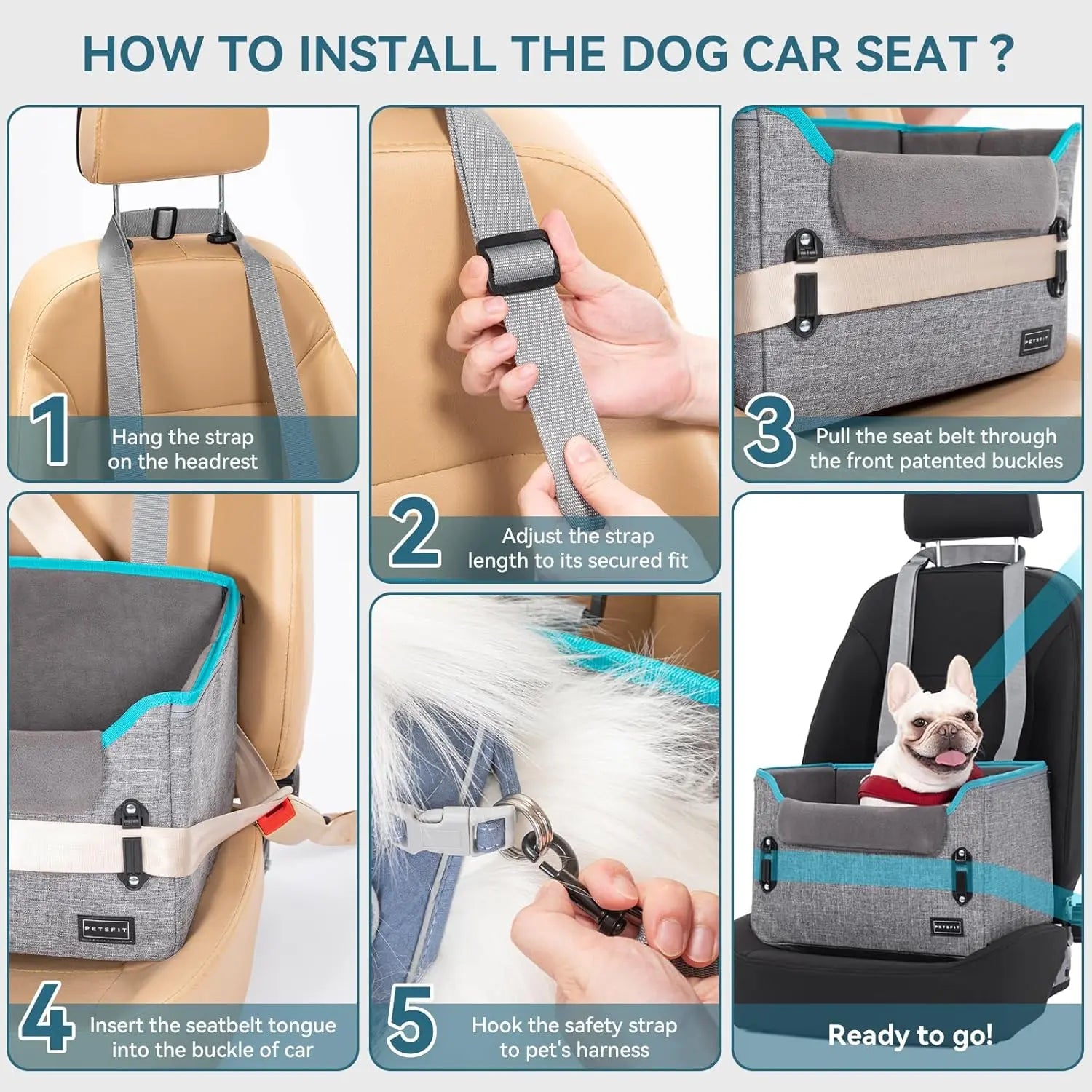 PETSFIT Small Dog Booster Car Seat with Safety Buckles & Tether, Foldable