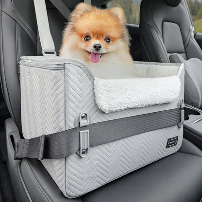PETSFIT Small Dog Booster Car Seat with Safety Buckles & Tether, Foldable Cool Grey Faux Leather