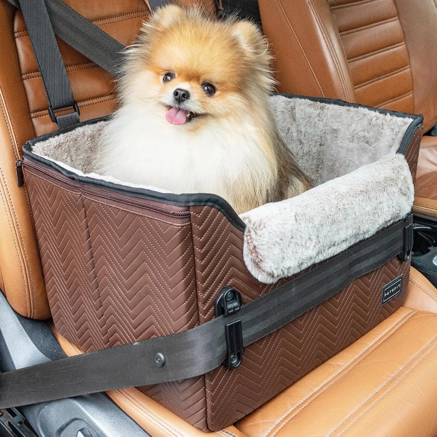 PETSFIT Small Dog Booster Car Seat with Safety Buckles & Tether, Foldable Brown Faux Leather