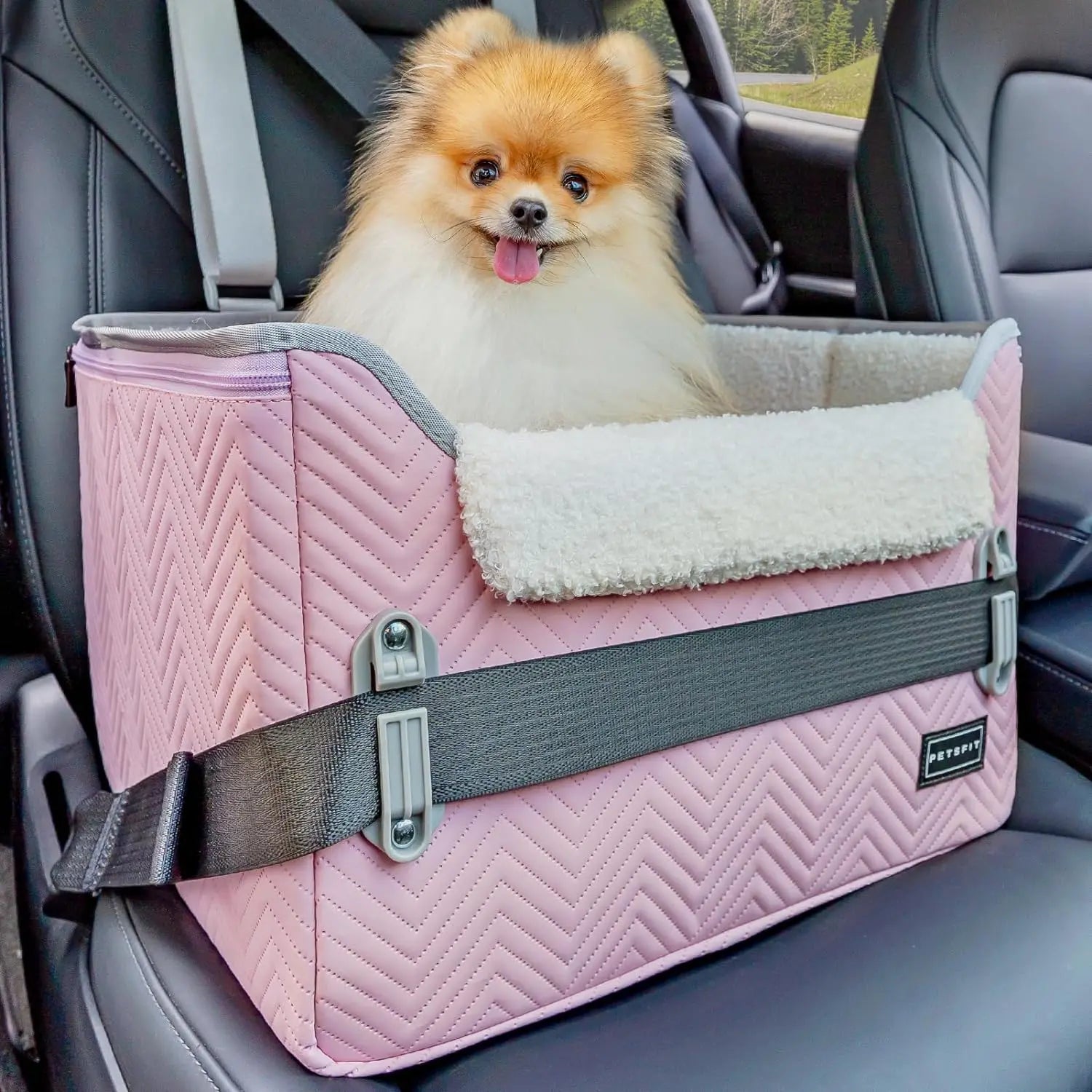 PETSFIT Small Dog Booster Car Seat with Safety Buckles & Tether, Foldable Light Pink Faux Leather