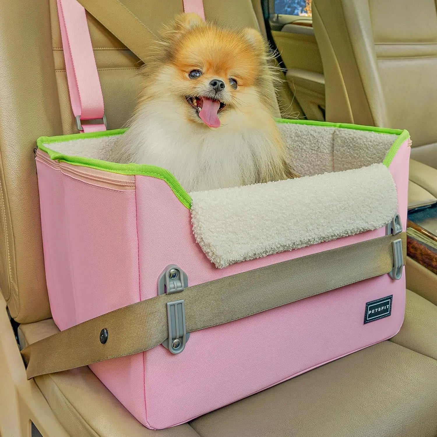PETSFIT Small Dog Booster Car Seat with Safety Buckles & Tether, Foldable Pink Oxford Cloth