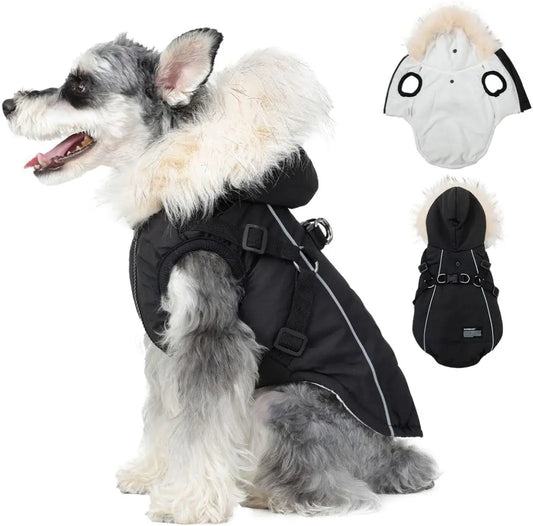 Waterproof Dog Coat Jacket with Faux Fur Hood & Reflective Strap Black