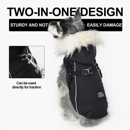 Waterproof Dog Coat Jacket with Faux Fur Hood & Reflective Strap