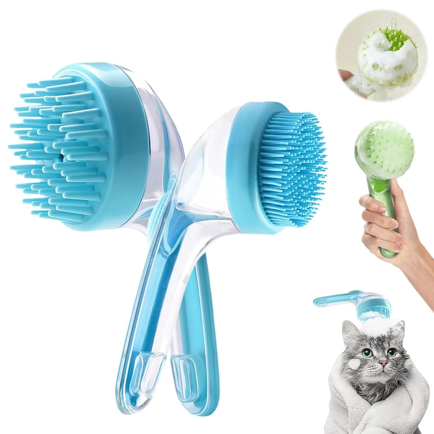 Pet Bath Brush with Shampoo Dispenser for Dogs & Cats, 2-Pack Grooming Brush Blue