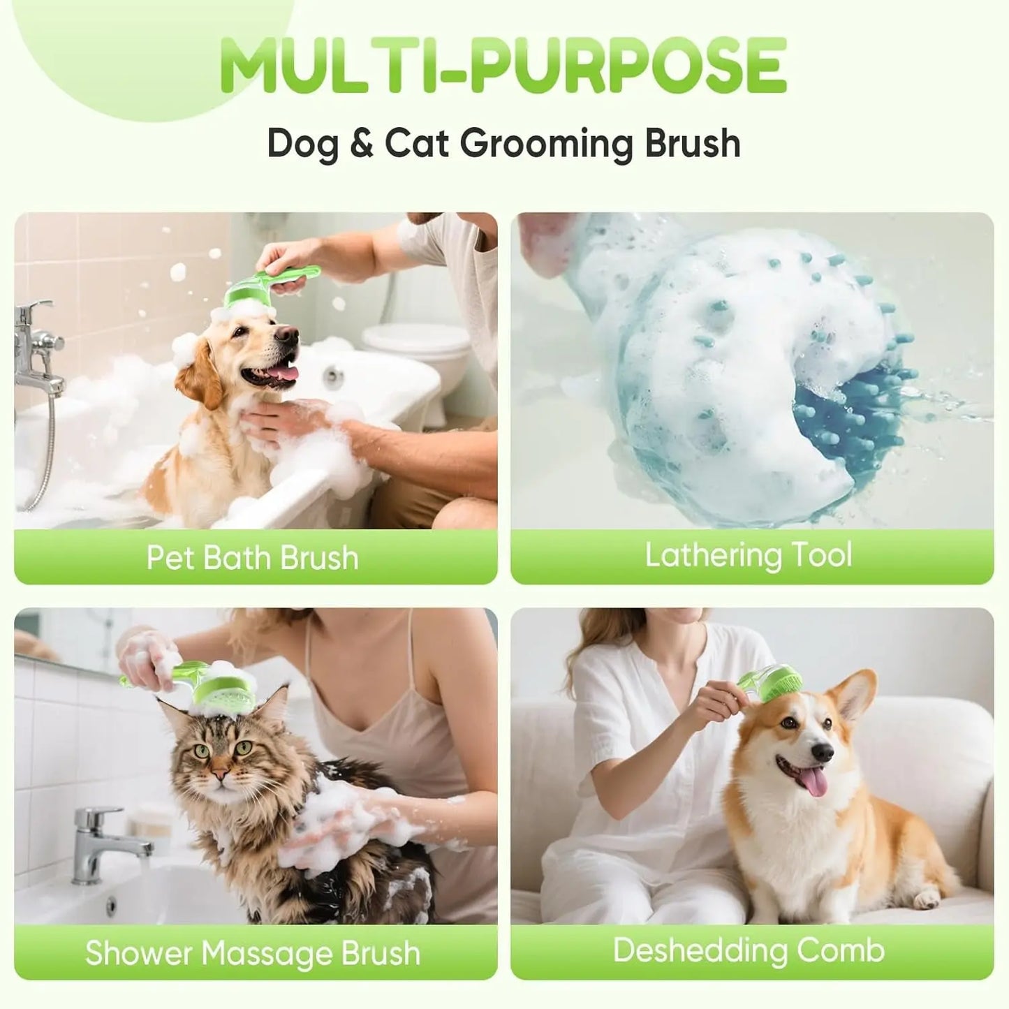 Pet Bath Brush with Shampoo Dispenser for Dogs & Cats, 2-Pack Grooming Brush