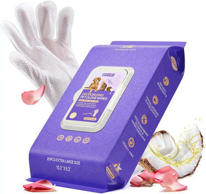 Pet Grooming Glove Wipes for Dogs & Cats – Hypoallergenic, Deodorizing, Vet-Approved Rose Scent 20 Pcs