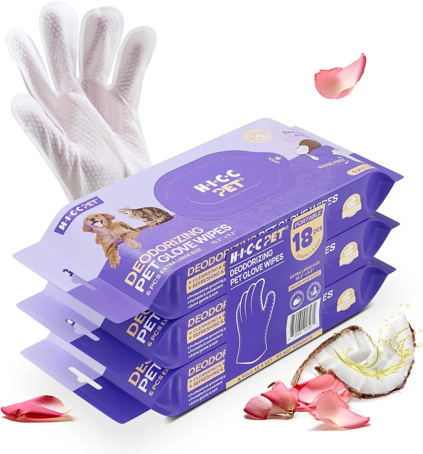 Pet Grooming Glove Wipes for Dogs & Cats – Hypoallergenic, Deodorizing, Vet-Approved Rose Scent 18 Pcs