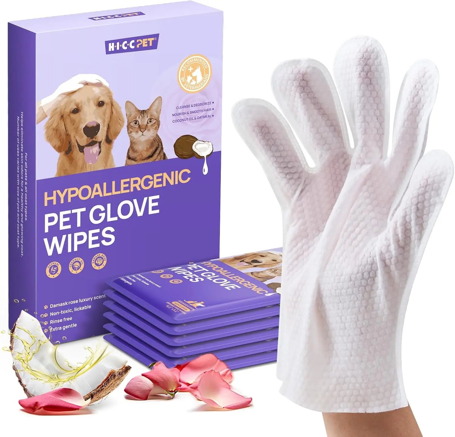 Pet Grooming Glove Wipes for Dogs & Cats – Hypoallergenic, Deodorizing, Vet-Approved Rose Scent 6 Pcs