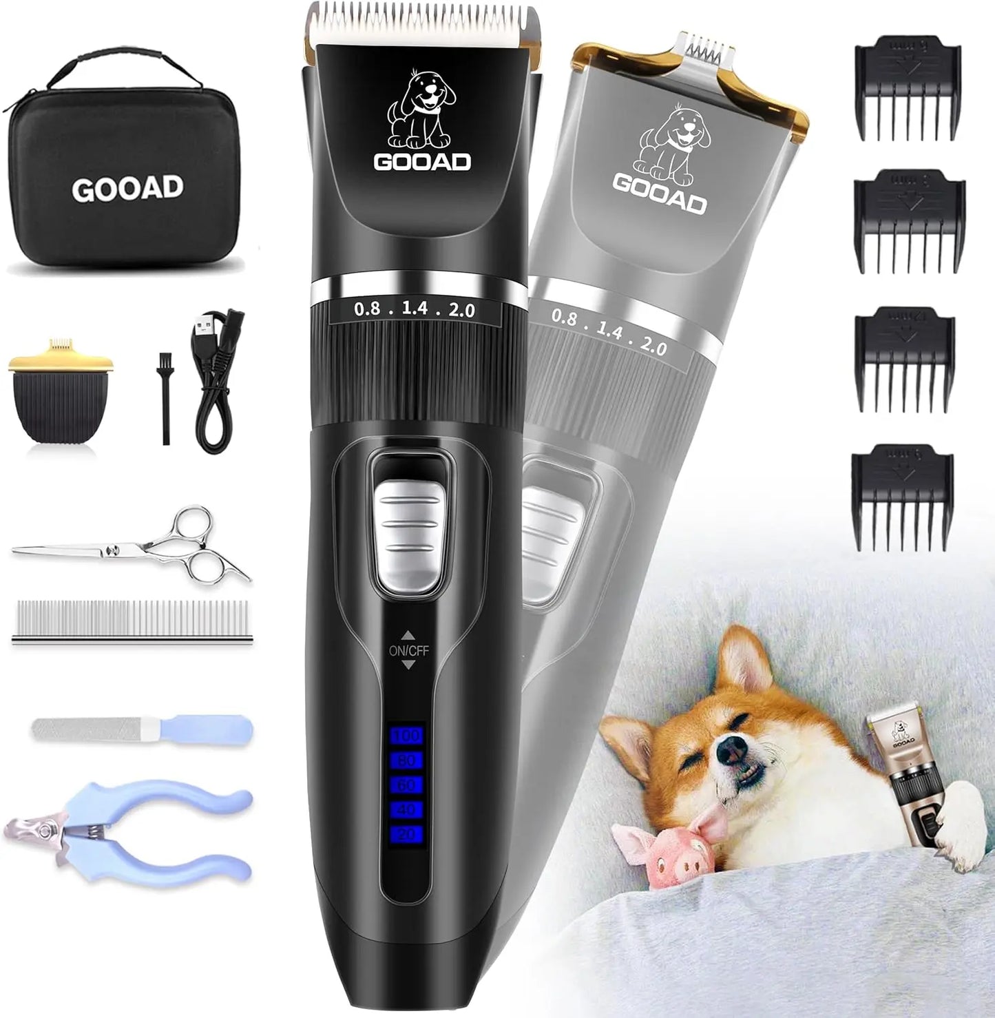 Pet Grooming Clippers Kit – Quiet Cordless Rechargeable Trimmer & Paw Shaver for Dogs & Cats Black