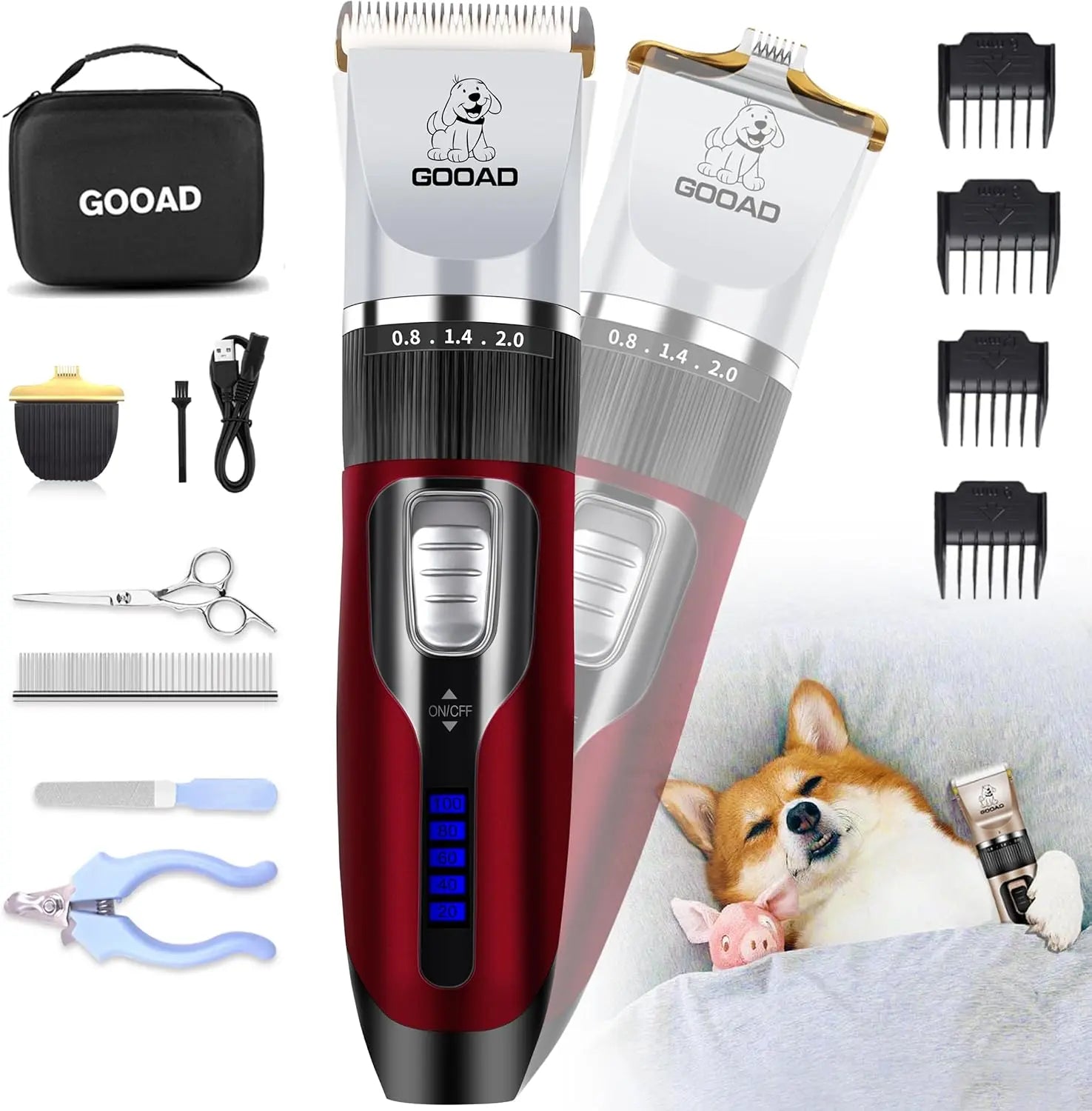 Pet Grooming Clippers Kit – Quiet Cordless Rechargeable Trimmer & Paw Shaver for Dogs & Cats Red