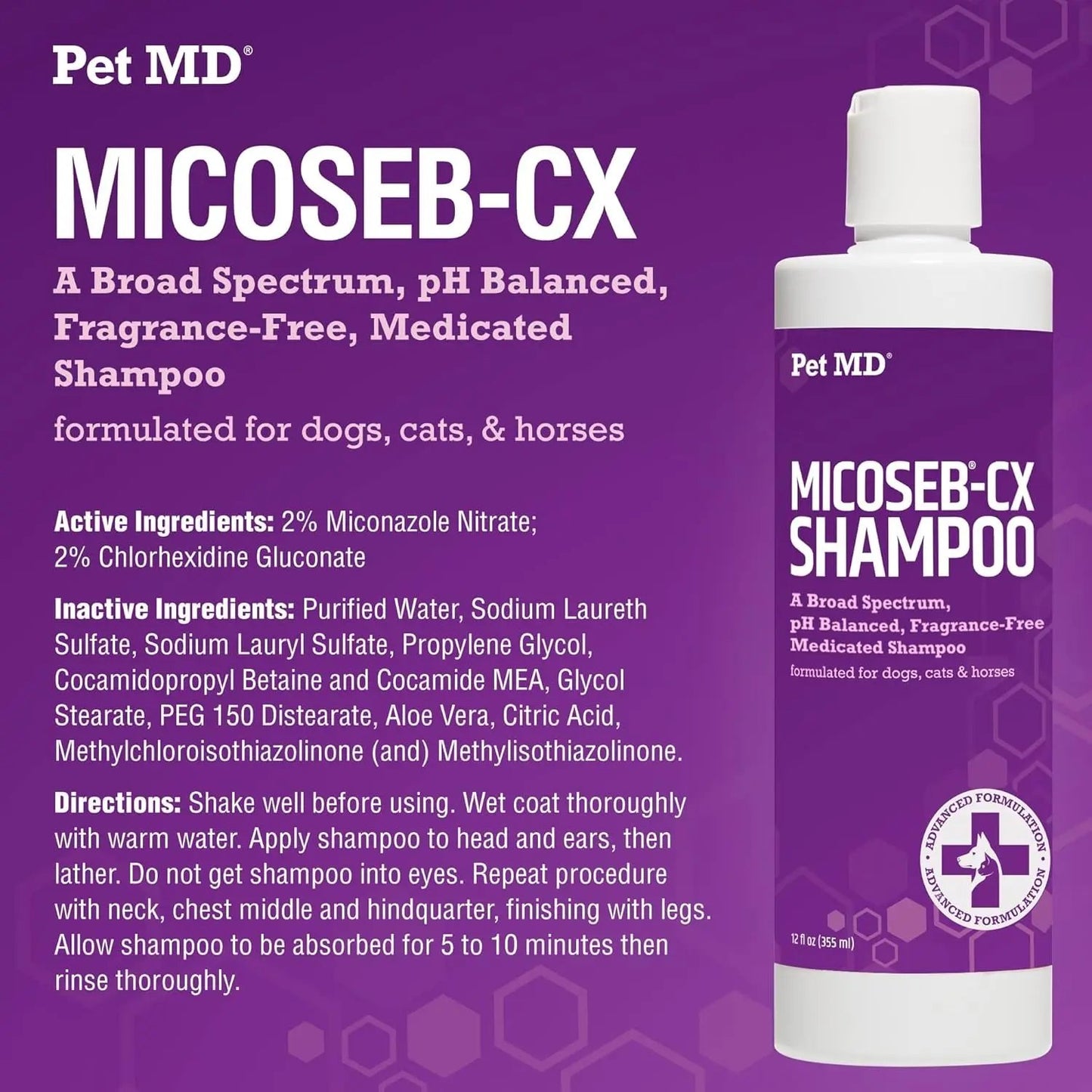 Pet MD Micoseb-CX Medicated Shampoo for Dogs, Cats & Horses – 12 Oz