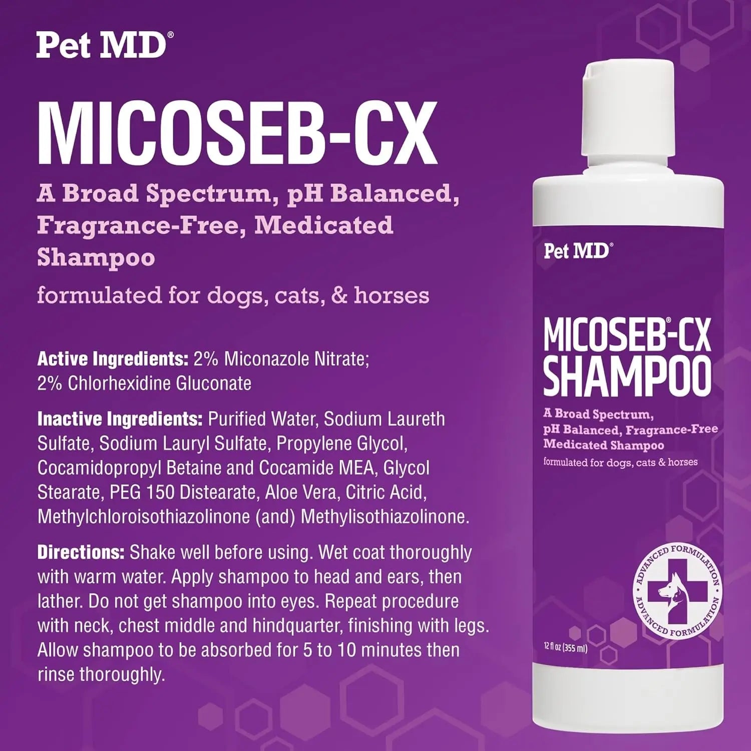 Pet MD Micoseb-CX Medicated Shampoo for Dogs, Cats & Horses – 12 Oz