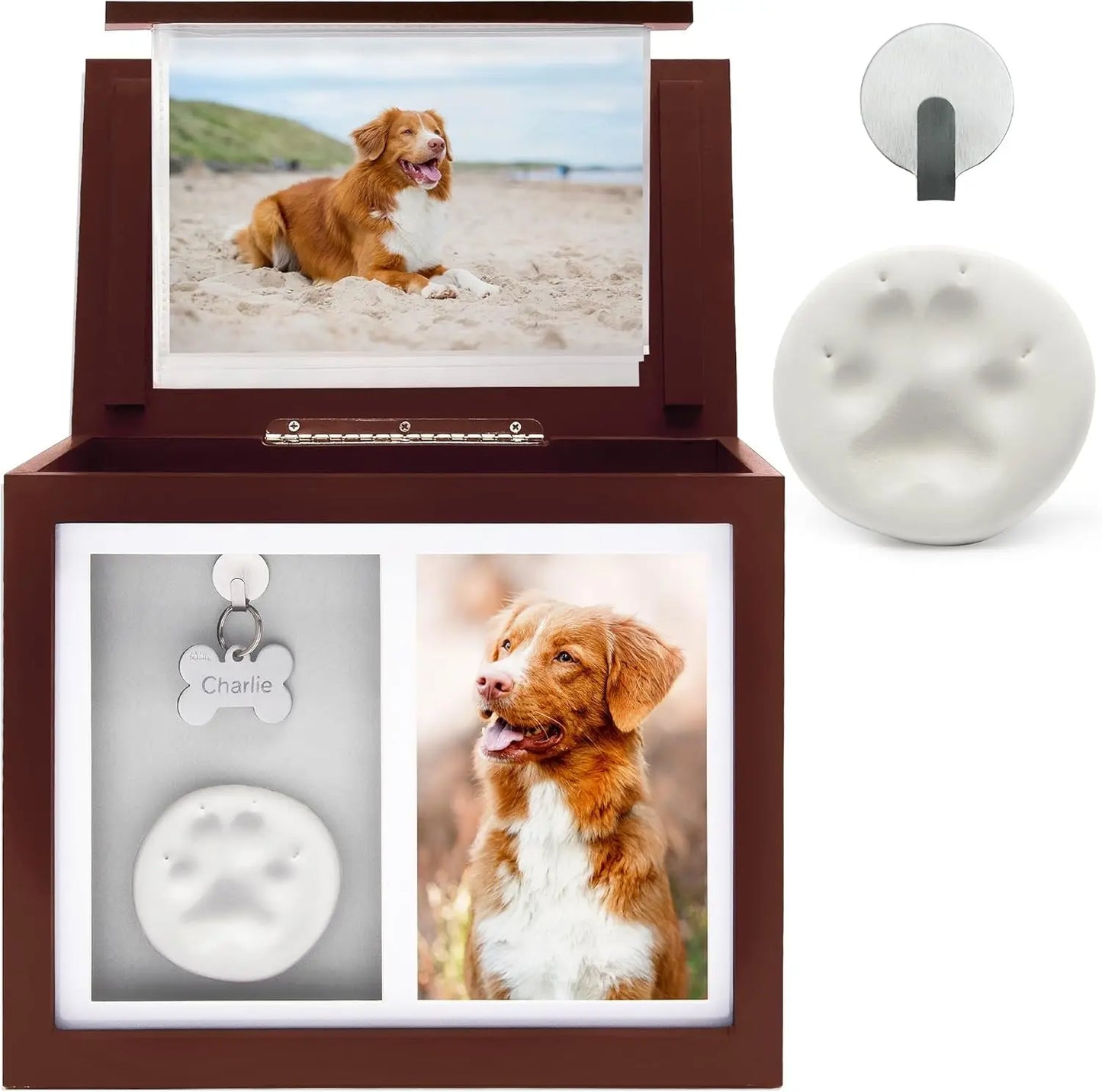 Pet Memorial Urn Keepsake Box for Dogs & Cats w/ Paw Print Kit & Album Brown
