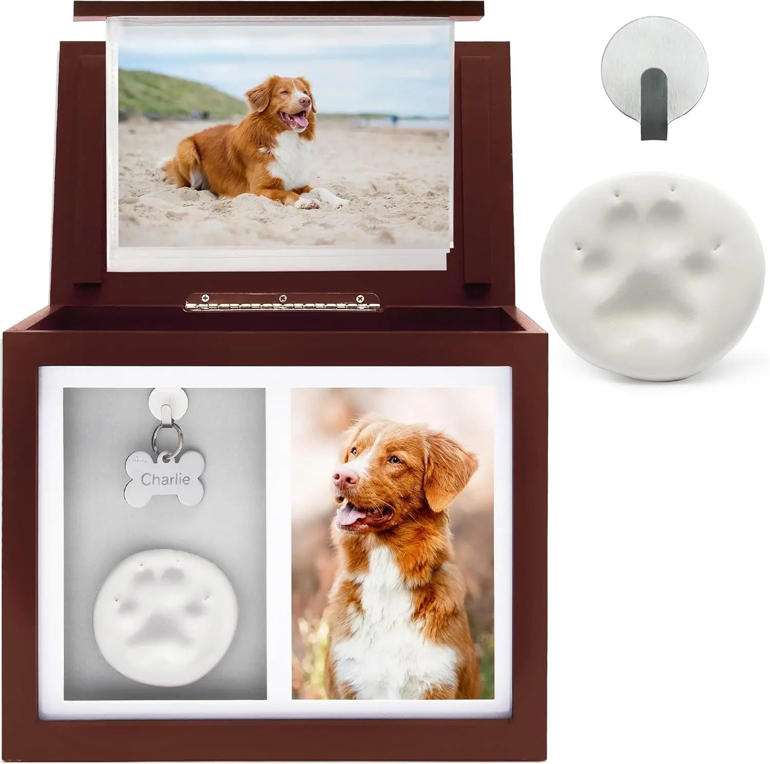 Pet Memorial Urn Keepsake Box for Dogs & Cats w/ Paw Print Kit & Album Brown