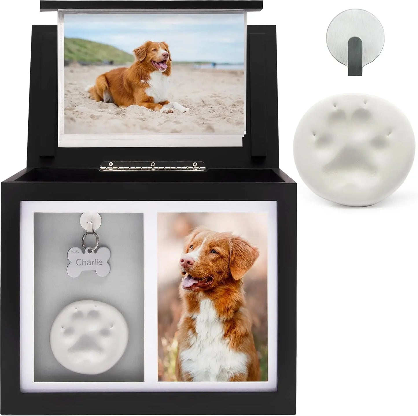 Pet Memorial Urn Keepsake Box for Dogs & Cats w/ Paw Print Kit & Album Black