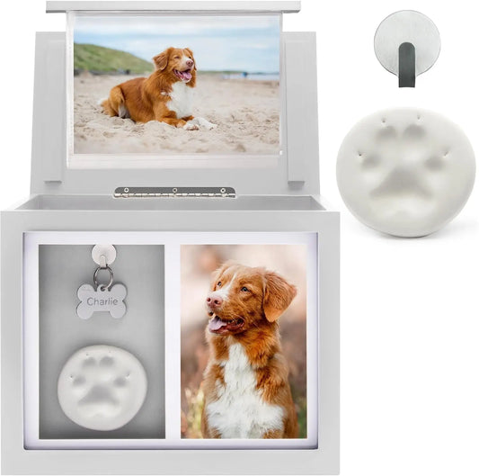 Pet Memorial Urn Keepsake Box with Photo Frame, Paw Print Kit & Photo Album White