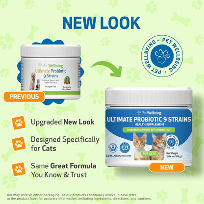 Pet Wellbeing Probiotic for Cats, 9 Strains + Prebiotics, Gut & Immune Support, Urinary Health, 2.5B CFU