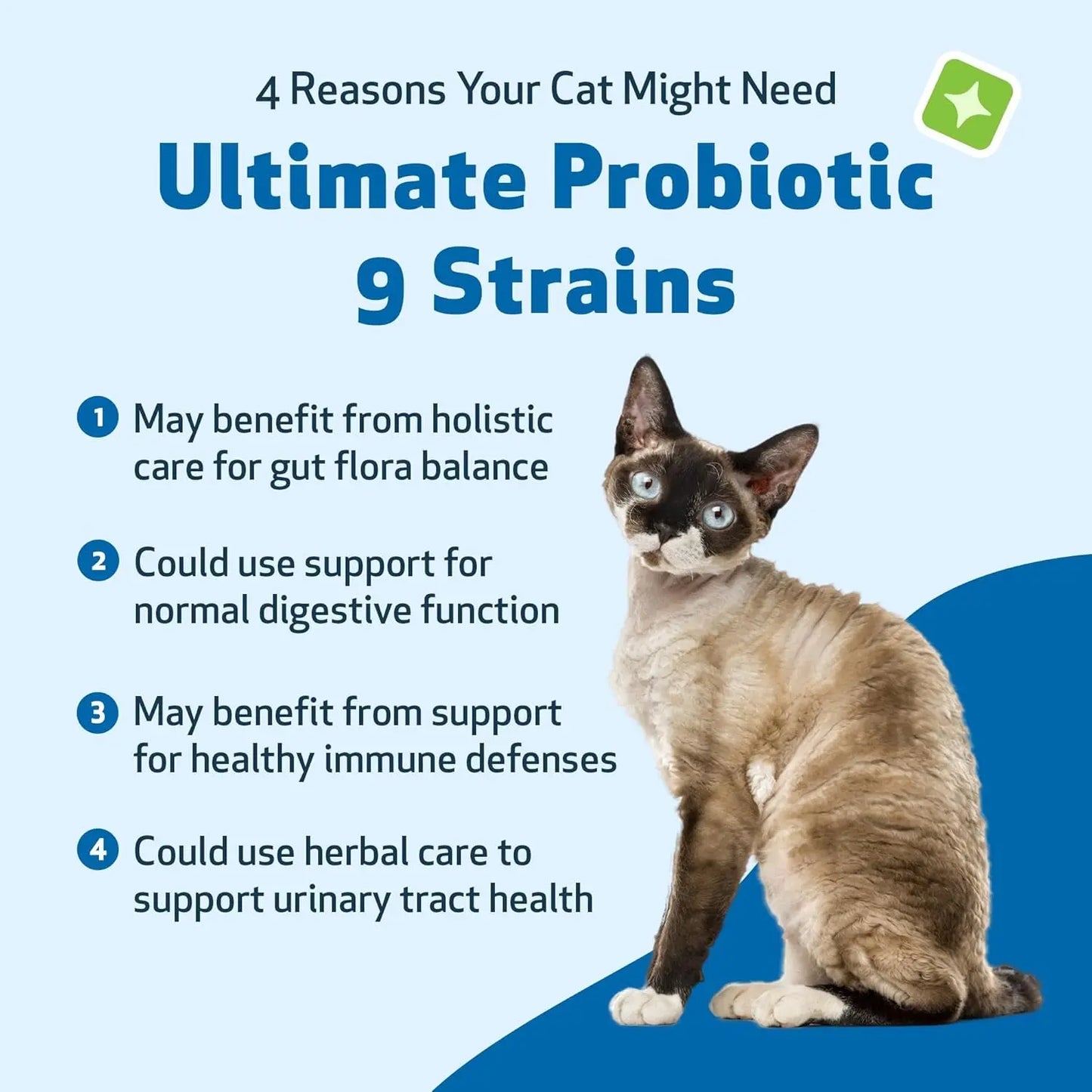 Pet Wellbeing Probiotic for Cats, 9 Strains + Prebiotics, Gut & Immune Support, Urinary Health, 2.5B CFU