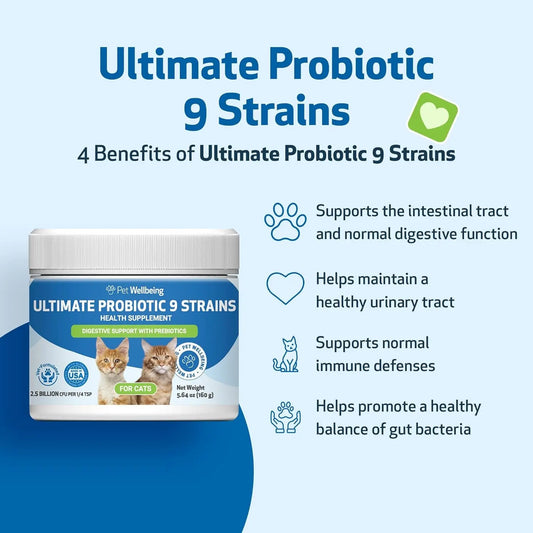 Pet Wellbeing Probiotic for Cats, 9 Strains + Prebiotics, Gut & Immune Support, Urinary Health, 2.5B CFU