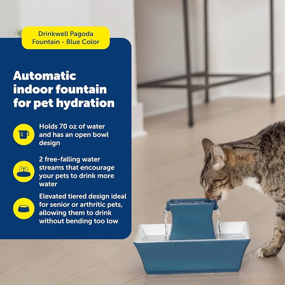 PetSafe Pagoda Ceramic Pet Fountain, Dual Stream, Elevated Bowl, 70 oz