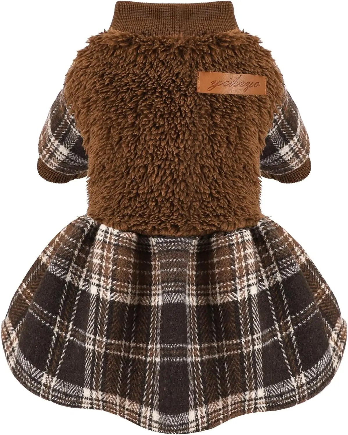 Plaid Dog Sweater Dress for Small Dogs – Warm Winter Outfit for Girl & Boy Puppies Brown