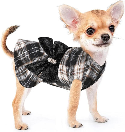 Plaid Dog Sweater Dress for Small Dogs – Warm Winter Outfit for Girl & Boy Puppies Black Plaid