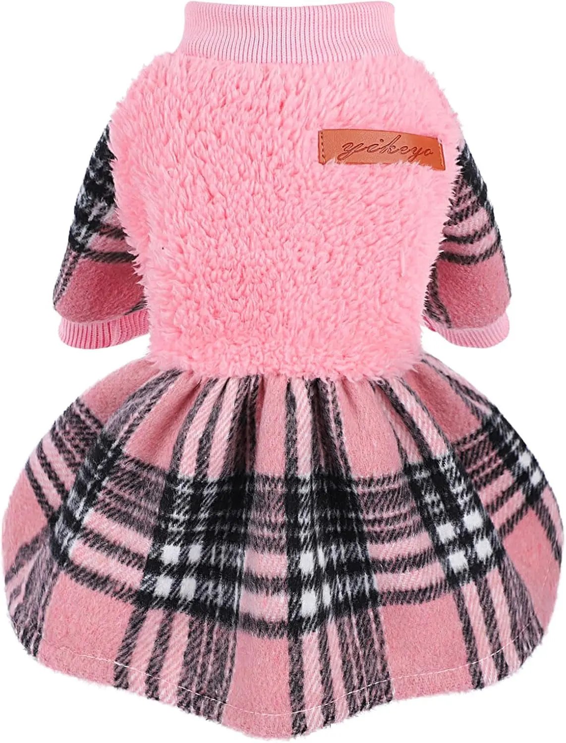Plaid Dog Sweater Dress for Small Dogs – Warm Winter Outfit for Girl & Boy Puppies Pink