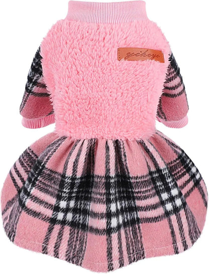 Plaid Dog Sweater Dress for Small Dogs – Warm Winter Outfit for Girl & Boy Puppies Pink