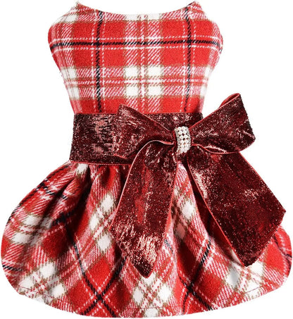 Plaid Dog Sweater Dress for Small Dogs – Warm Winter Outfit for Girl & Boy Puppies Red Plaid
