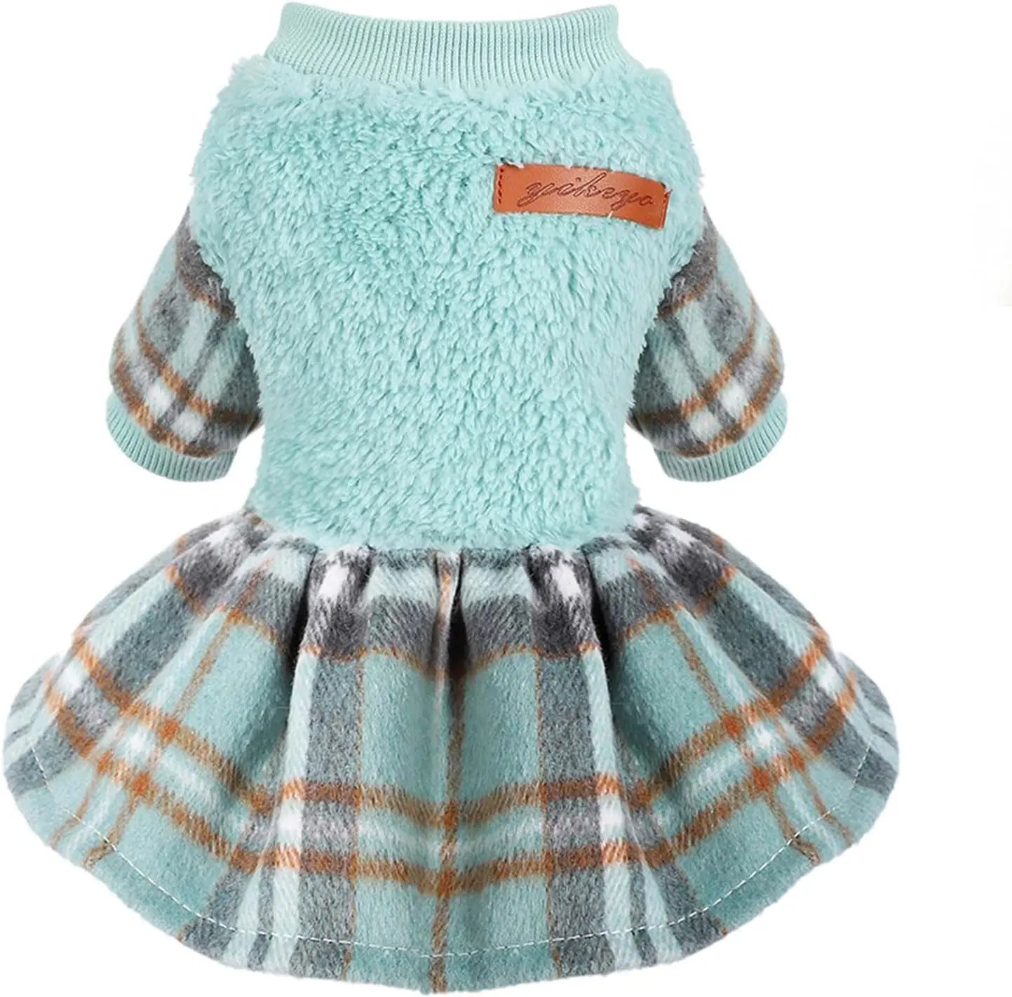 Plaid Dog Sweater Dress for Small Dogs – Warm Winter Outfit for Girl & Boy Puppies Turquoise