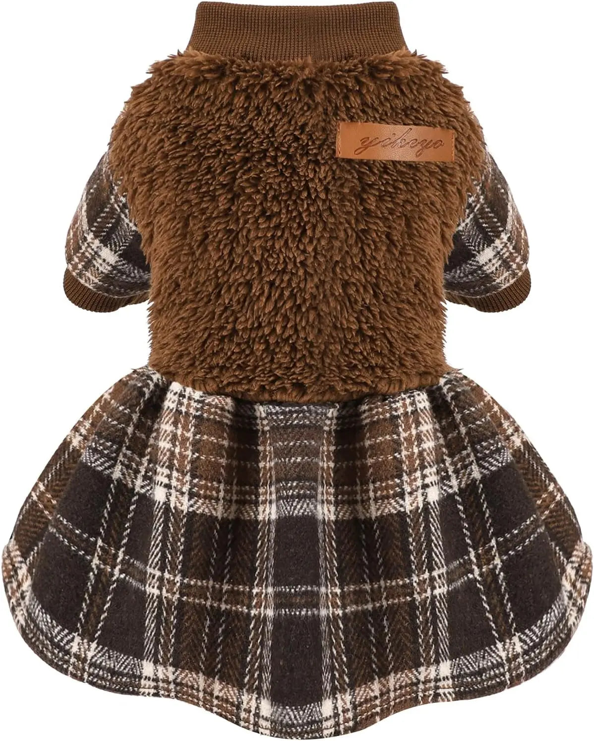 Plaid Dog Sweater Dress for Small Dogs – Warm Winter Outfit for Girl & Boy Puppies Brown