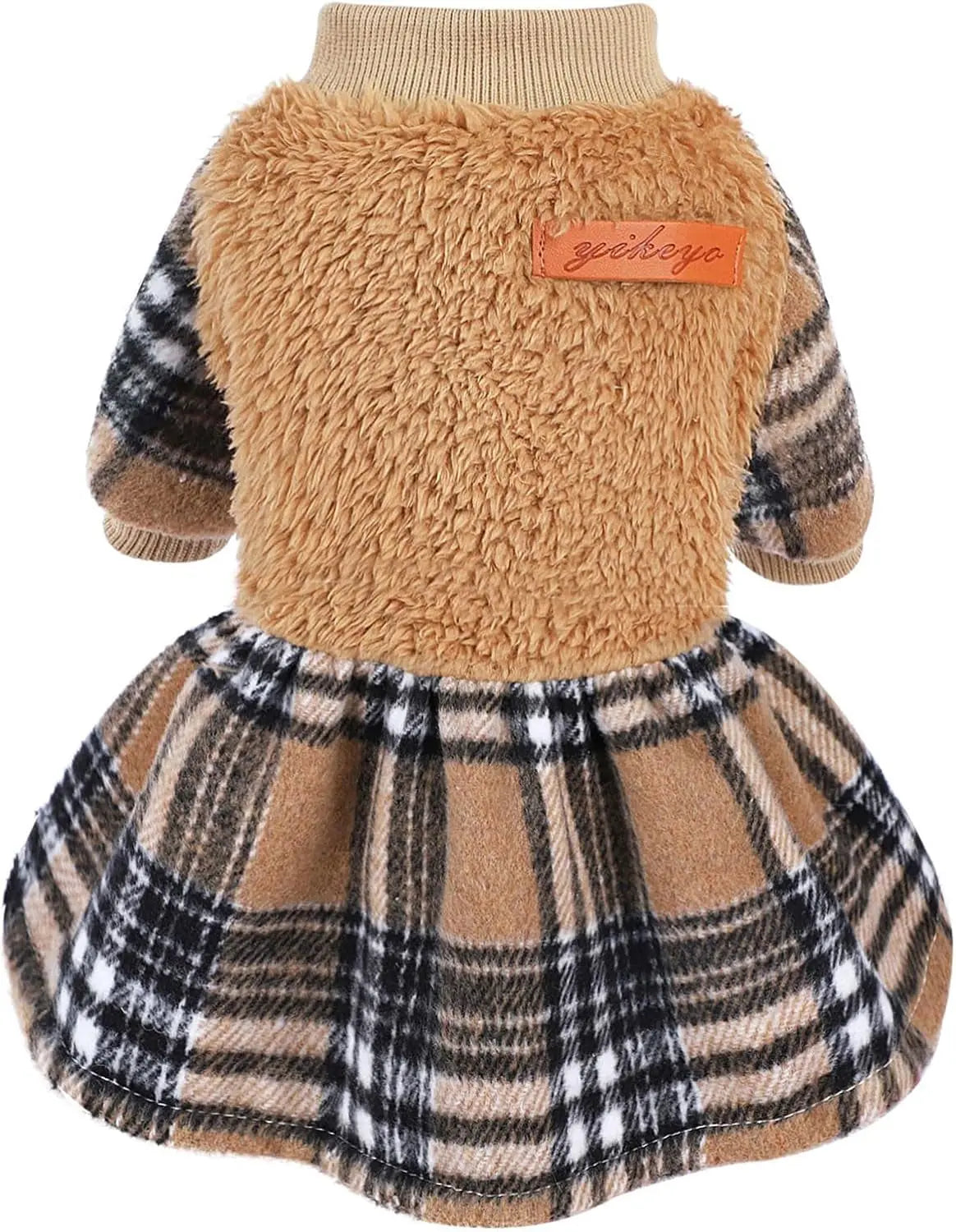 Plaid Dog Sweater Dress for Small Dogs – Warm Winter Outfit for Girl & Boy Puppies Khaki