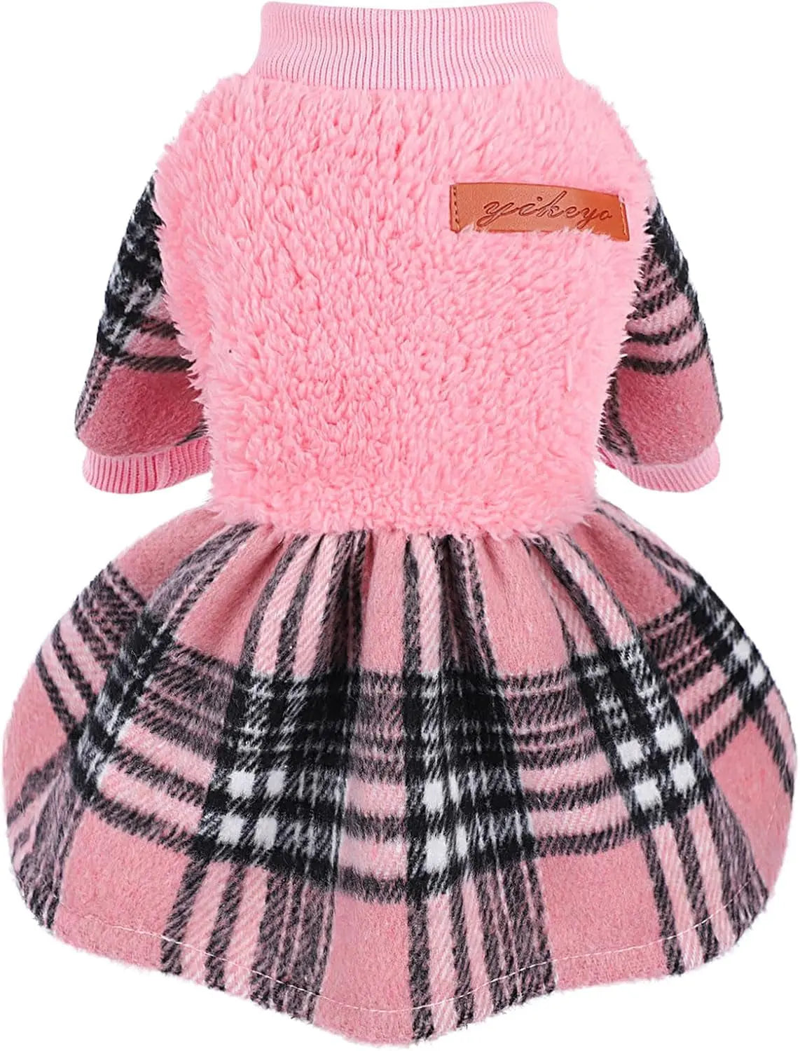 Plaid Dog Sweater Dress for Small Dogs – Warm Winter Outfit for Girl & Boy Puppies Pink
