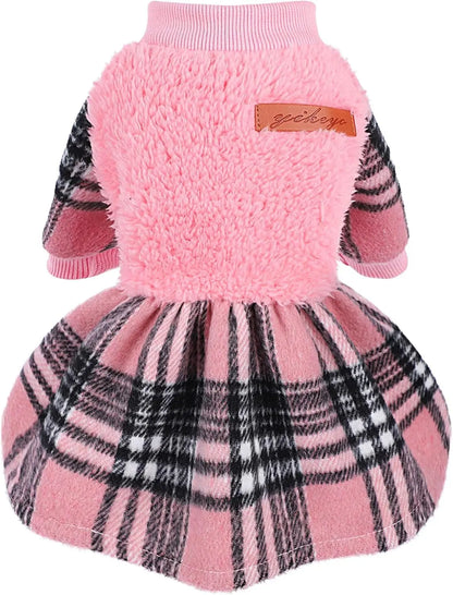 Plaid Dog Sweater Dress for Small Dogs – Warm Winter Outfit for Girl & Boy Puppies Pink