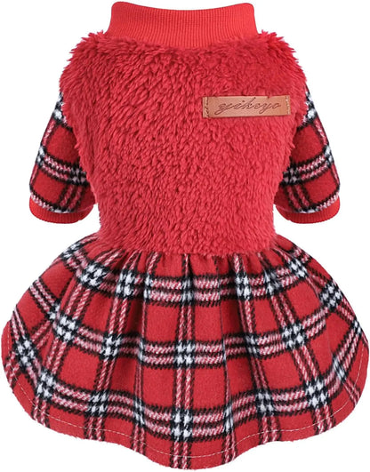 Plaid Dog Sweater Dress for Small Dogs – Warm Winter Outfit for Girl & Boy Puppies Red