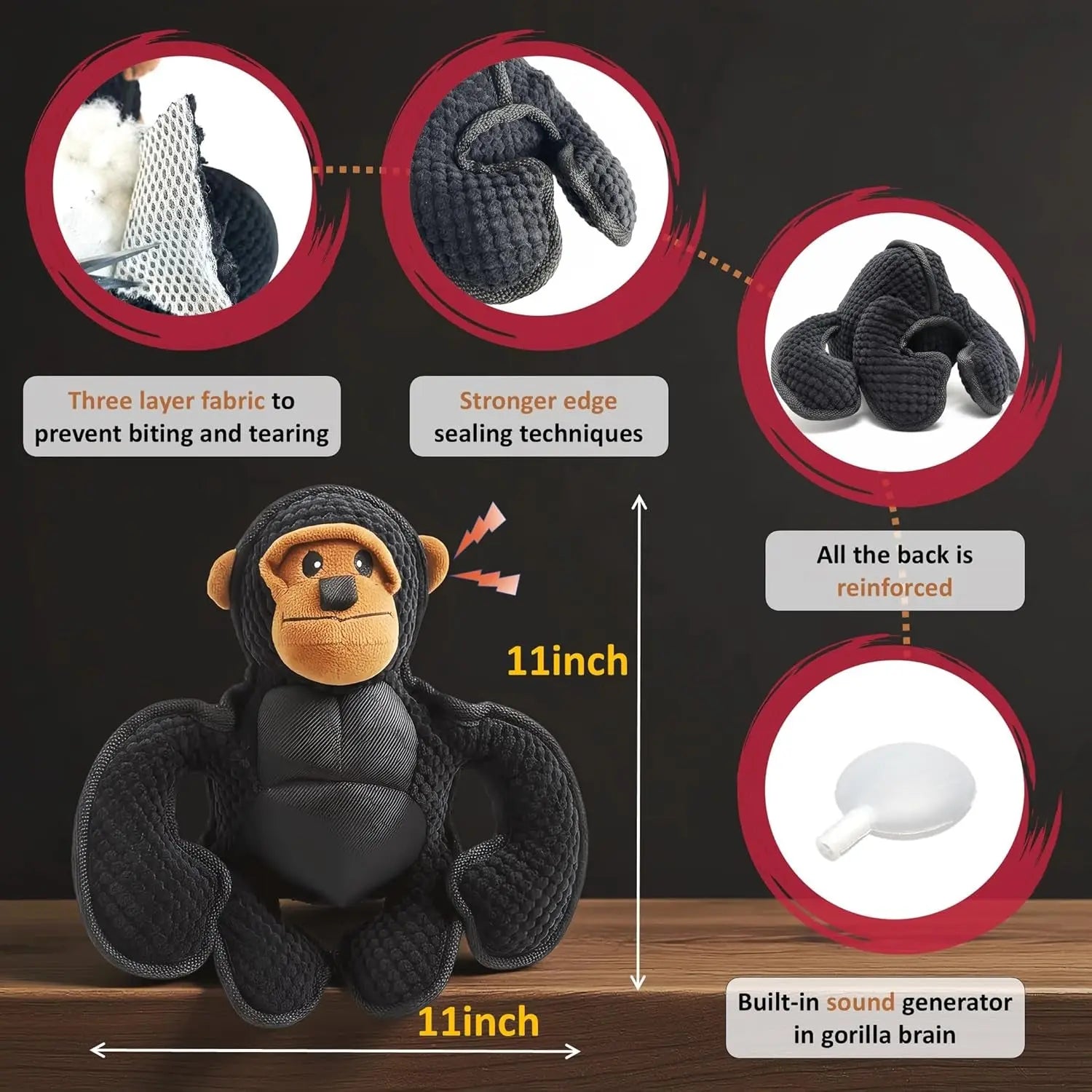 Plush Squeaky Gorilla Dog Toy 11in Tough for Large Dogs