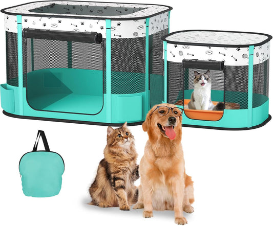 Portable Cat & Dog Playpen Foldable Pet Tent 32" Indoor Outdoor 600D Oxford Green 32" × 24" × 22"