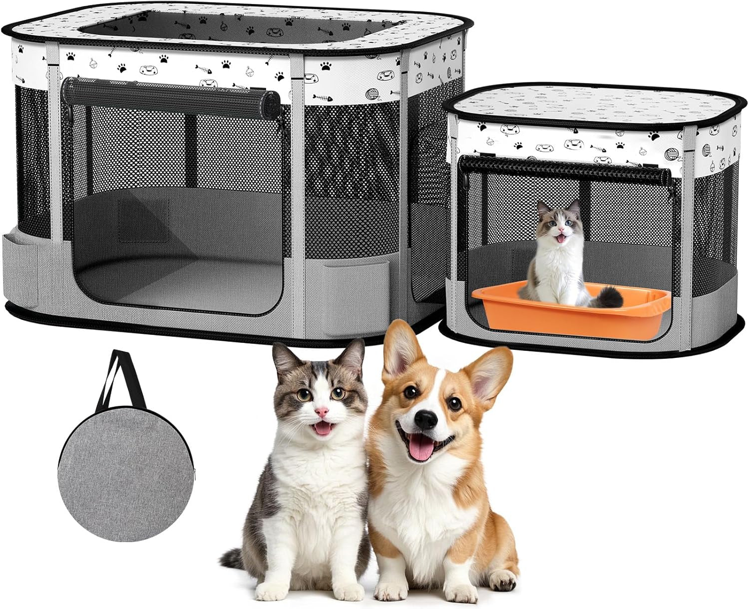 Portable Cat & Dog Playpen Foldable Pet Tent 32" Indoor Outdoor 600D Oxford Grey 32" × 24" × 22"