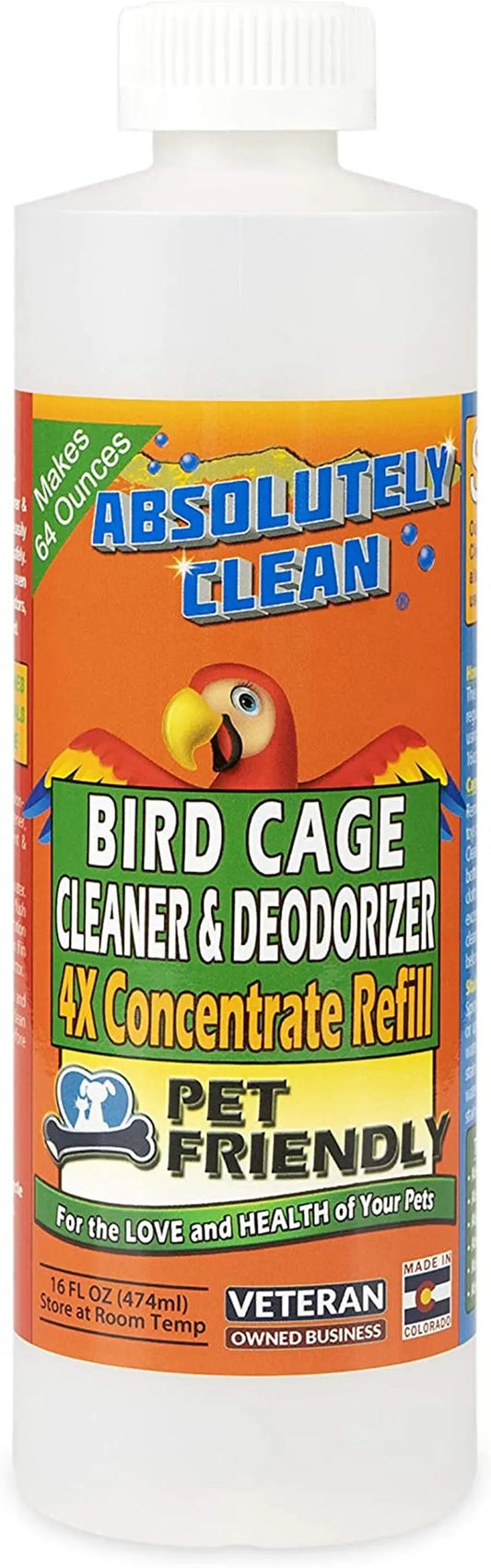 Premium Bird Cage Cleaner & Deodorizer–USA Made, Fragrance Free, 4X Concentrate 16 Fl Oz Concentrate (Makes 64Oz)