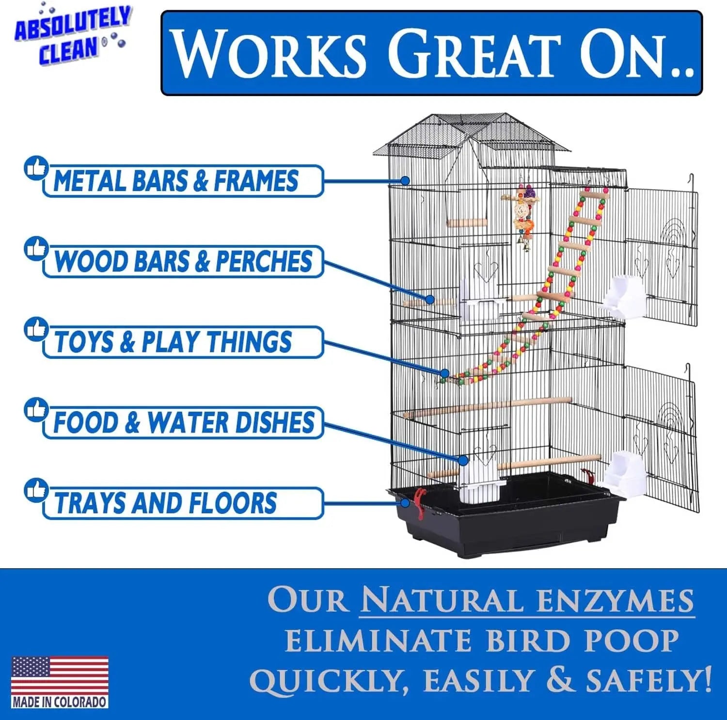 Premium Bird Cage Cleaner & Deodorizer–USA Made, Fragrance Free, 4X Concentrate
