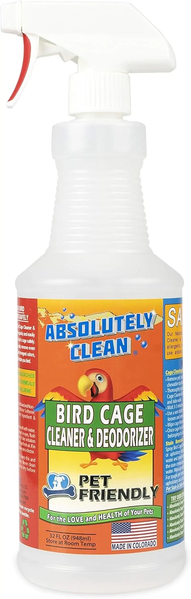 Premium Bird Cage Cleaner & Deodorizer–USA Made, Fragrance Free, 4X Concentrate 32 Fl Oz (Pack Of 1)