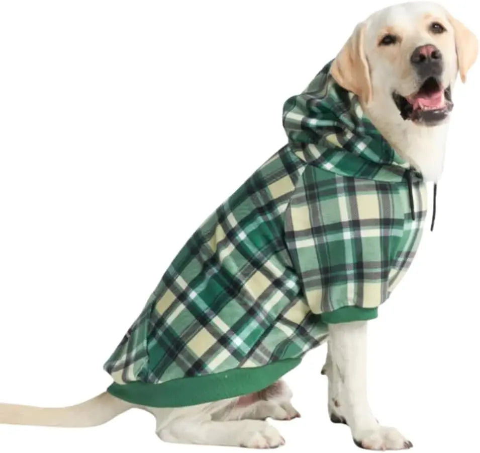 Premium Dog Hoodie – Soft Fleece Stretch Hoodie for Small to Large Dogs S–5XL Green Plaid