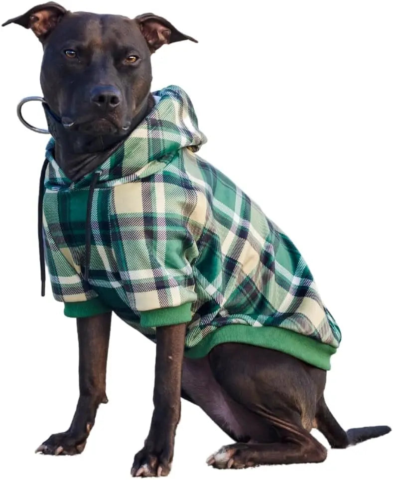 Premium Dog Hoodie – Soft Fleece Stretch Hoodie for Small to Large Dogs S–5XL Green Plaid