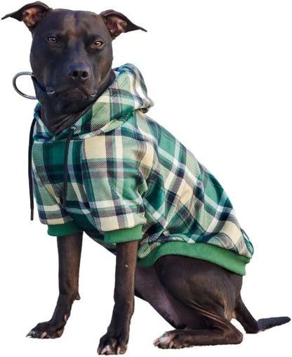 Premium Dog Hoodie – Soft Fleece Stretch Hoodie for Small to Large Dogs S–5XL Green Plaid